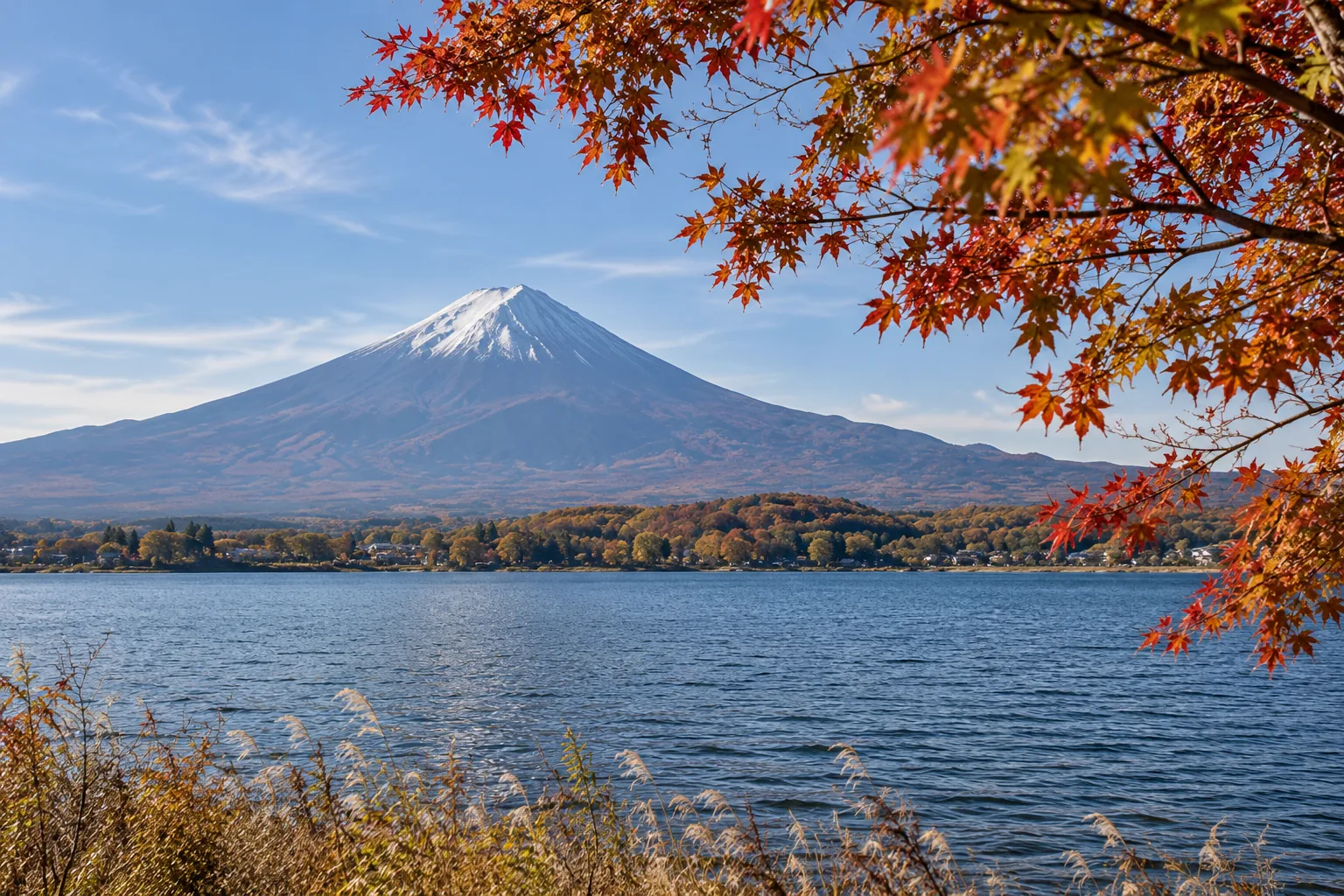 Mount Fuji across Lake Yamanaka in autumn